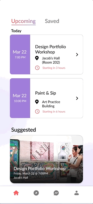 Home page with upcoming & suggested events