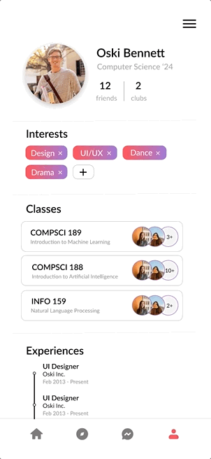 Detailed profile page with interests and classes
